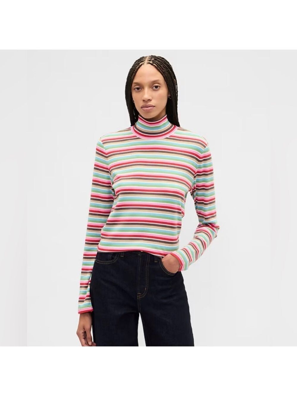 Gap Happy Stripe Ribbed Colorful Turtleneck T-Shirt NWOT L Rainbow Stripes